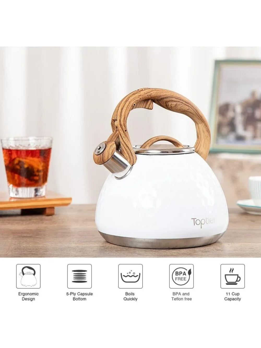 White Kitchen Whistling Tea Kettle 2.7QT Stainless Steel Diamond Design Stovetop